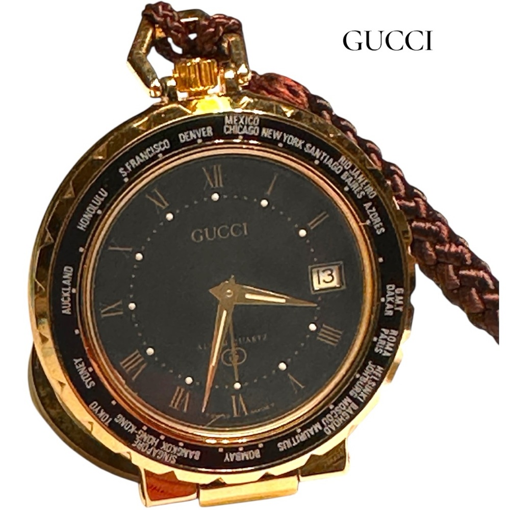 Vintage Gucci Unisex Gold Plated World Travel Alarm Pocket/Purse Watch (EUC)
